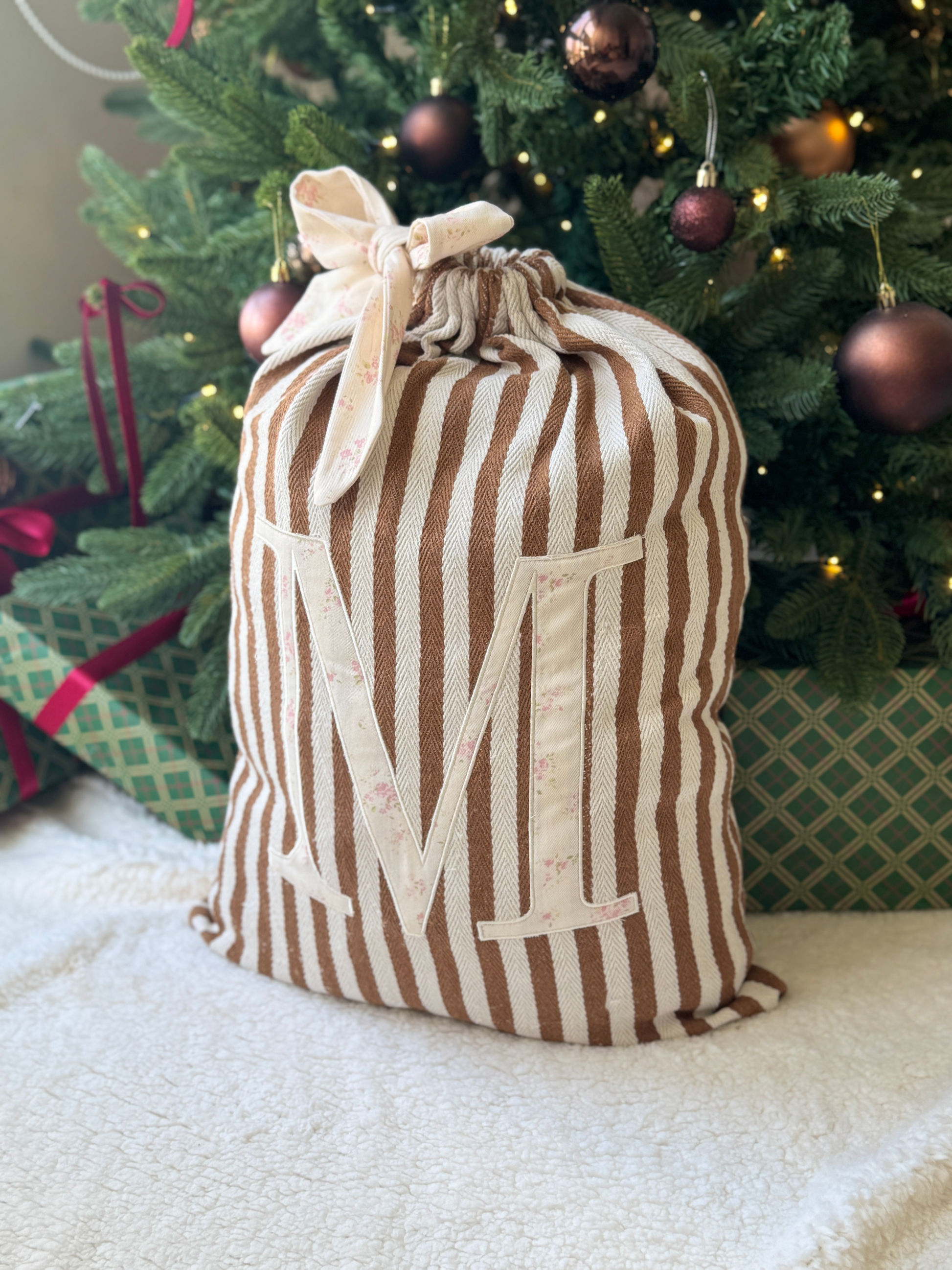 Embroidered Gift Sack - Brown Stripe - Customizable