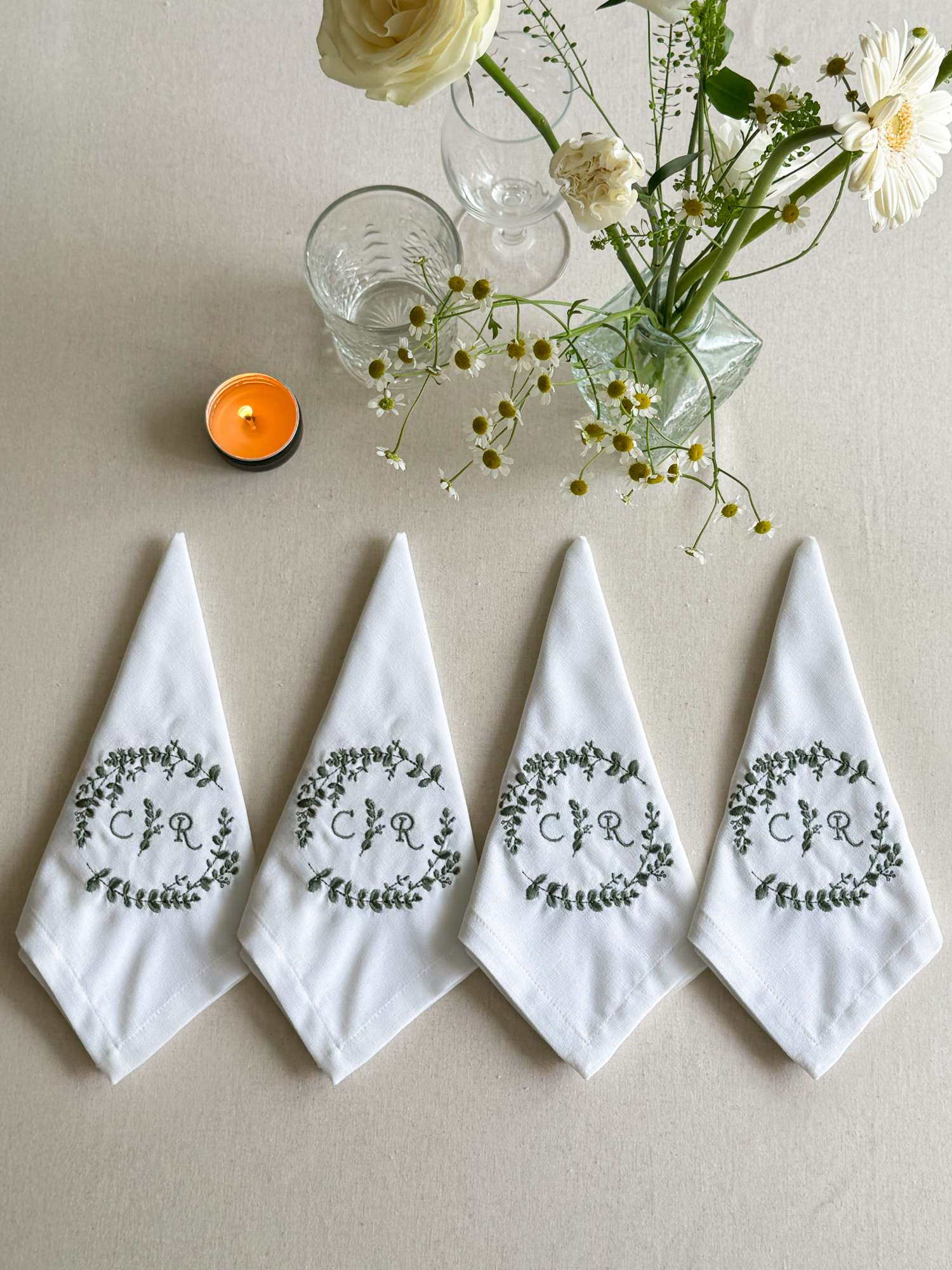 Wreath Embroidered Napkin - Set of 4 - Customizable