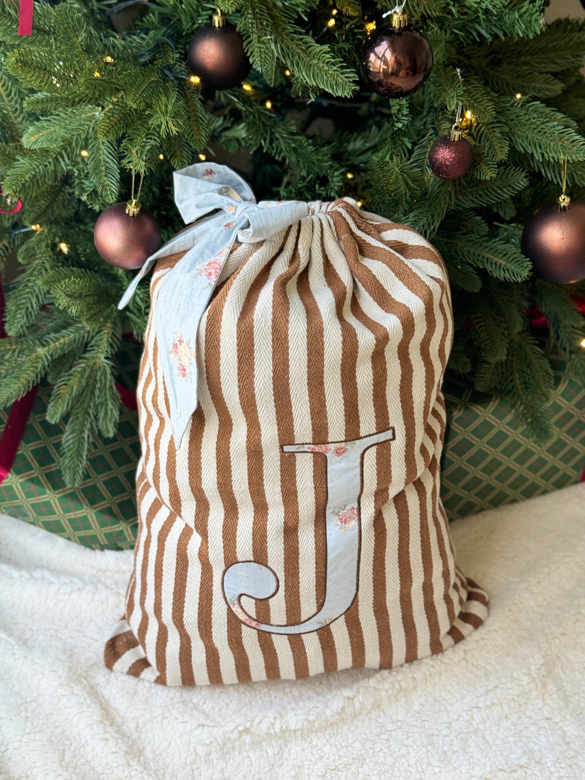 Embroidered Gift Sack - Brown Stripe - Customizable