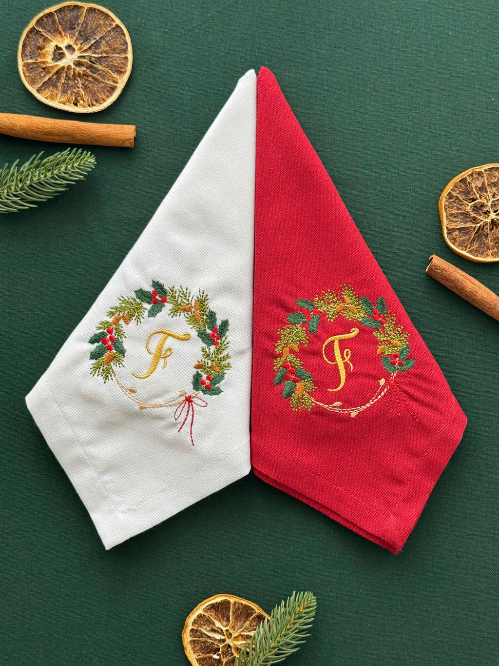 Christmas Wreath Embroidered Napkin - Set of 4 - Customizable