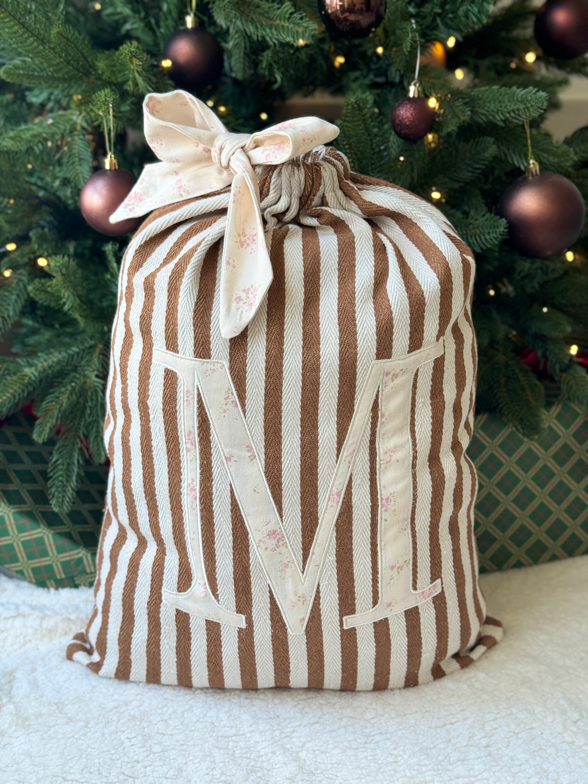Embroidered Gift Sack - Brown Stripe - Customizable