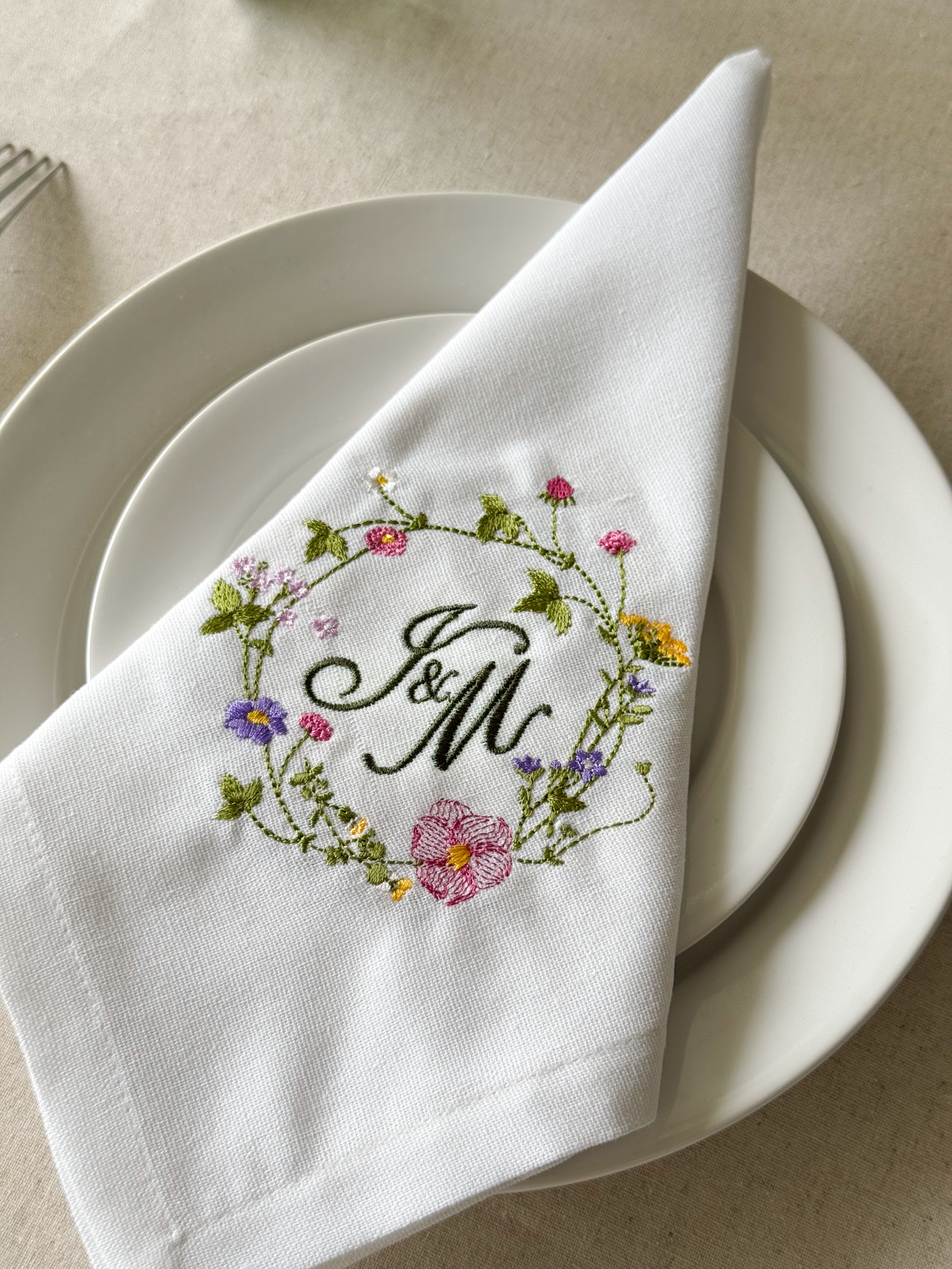 Wildflower Embroidered Napkin - Set of 4 - Customizable