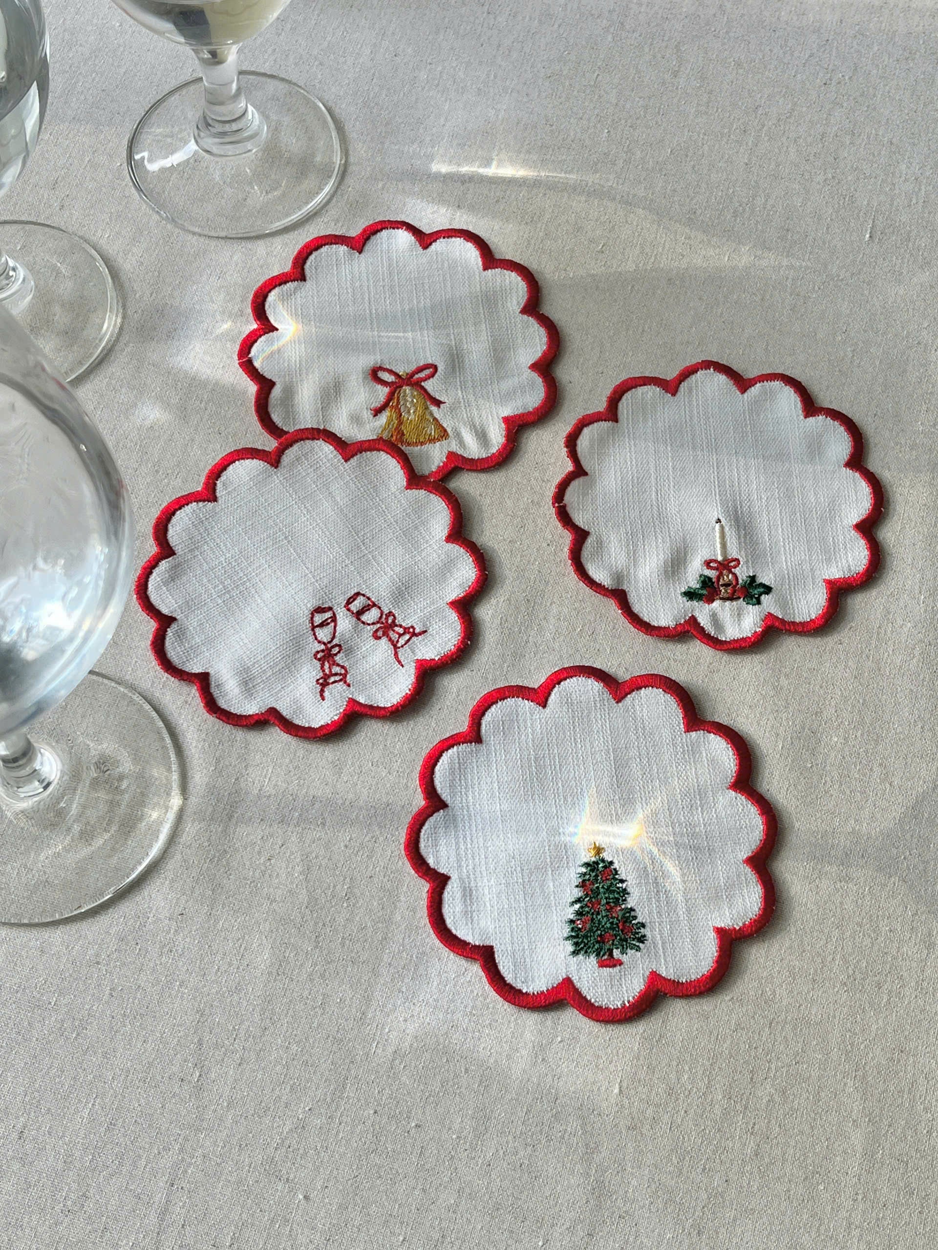 Christmas Motif Embroidered Cocktail Napkin - Set of 4