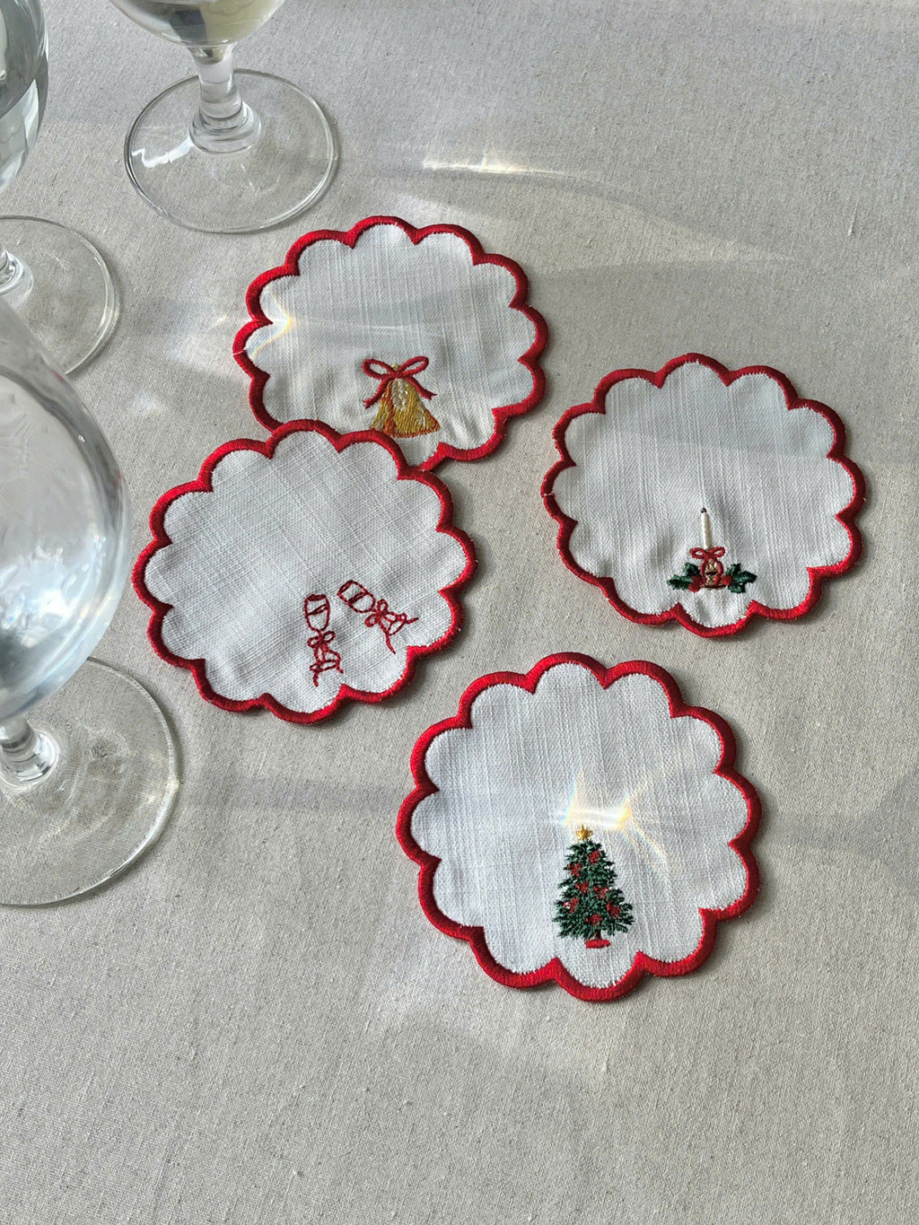 Christmas Motif Embroidered Cocktail Napkin - Set of 4