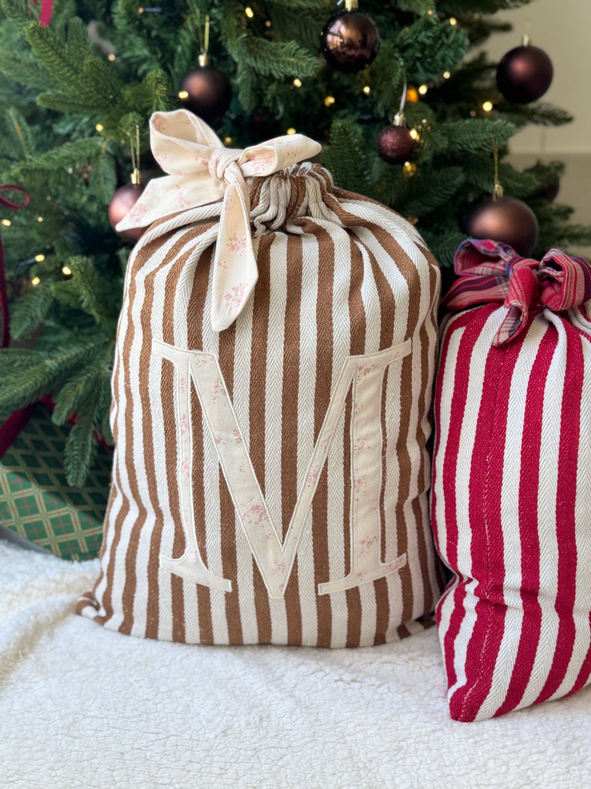Embroidered Gift Sack - Brown Stripe - Customizable