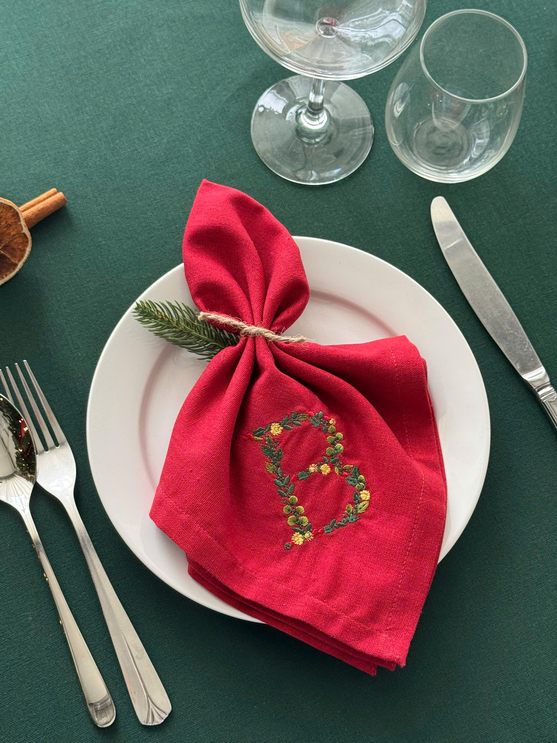 Christmas Initial Embroidered Napkin - Set of 4 - Customizable