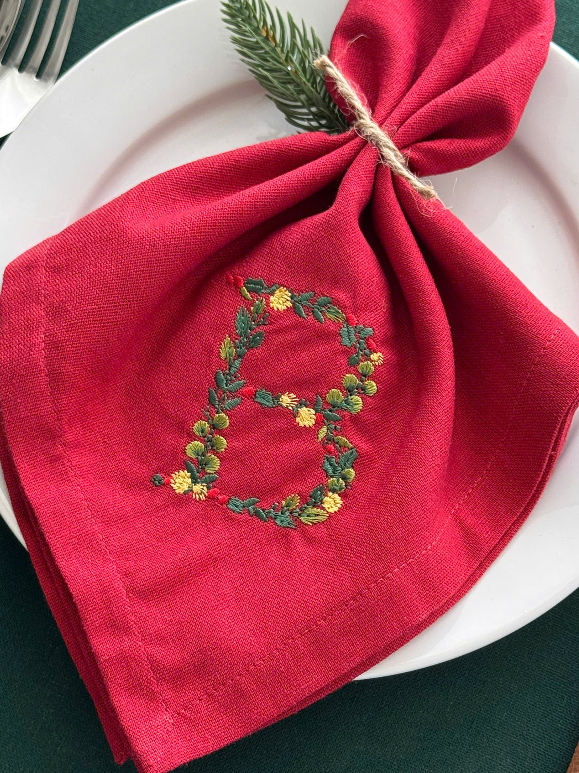 Christmas Initial Embroidered Napkin - Set of 4 - Customizable