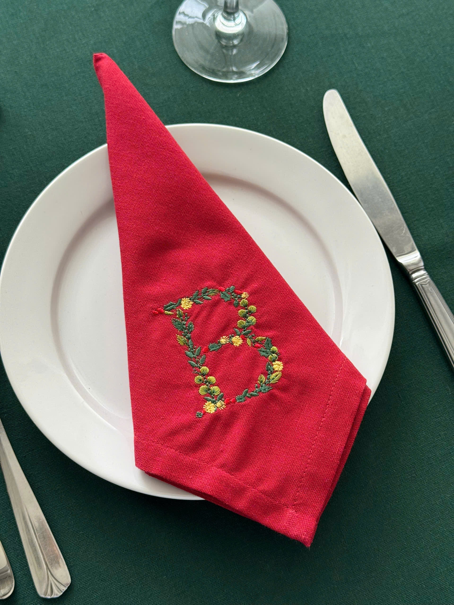 Christmas Initial Embroidered Napkin - Set of 4 - Customizable
