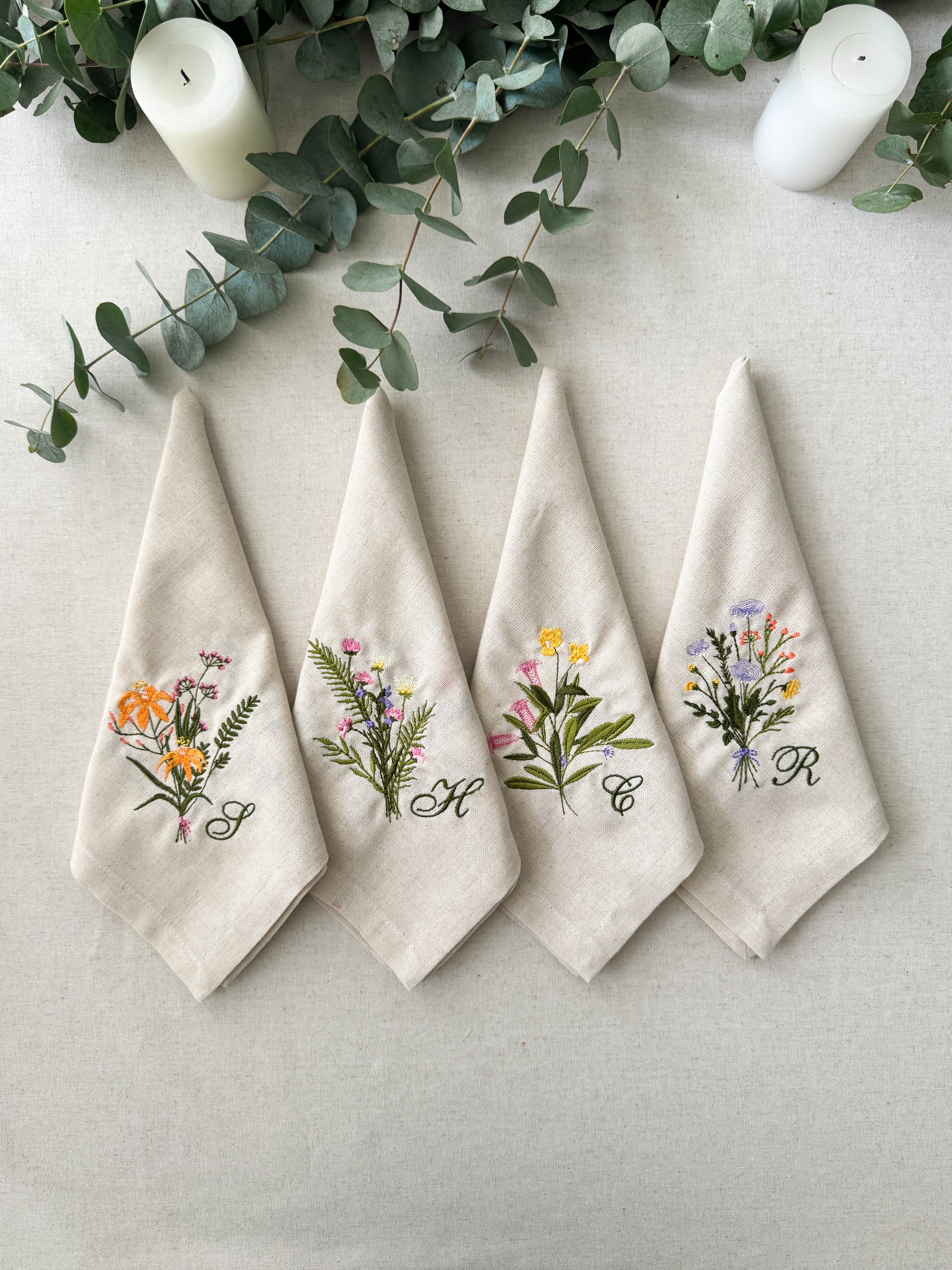 Flower Embroidered Napkin - Set of 4 - Customizable