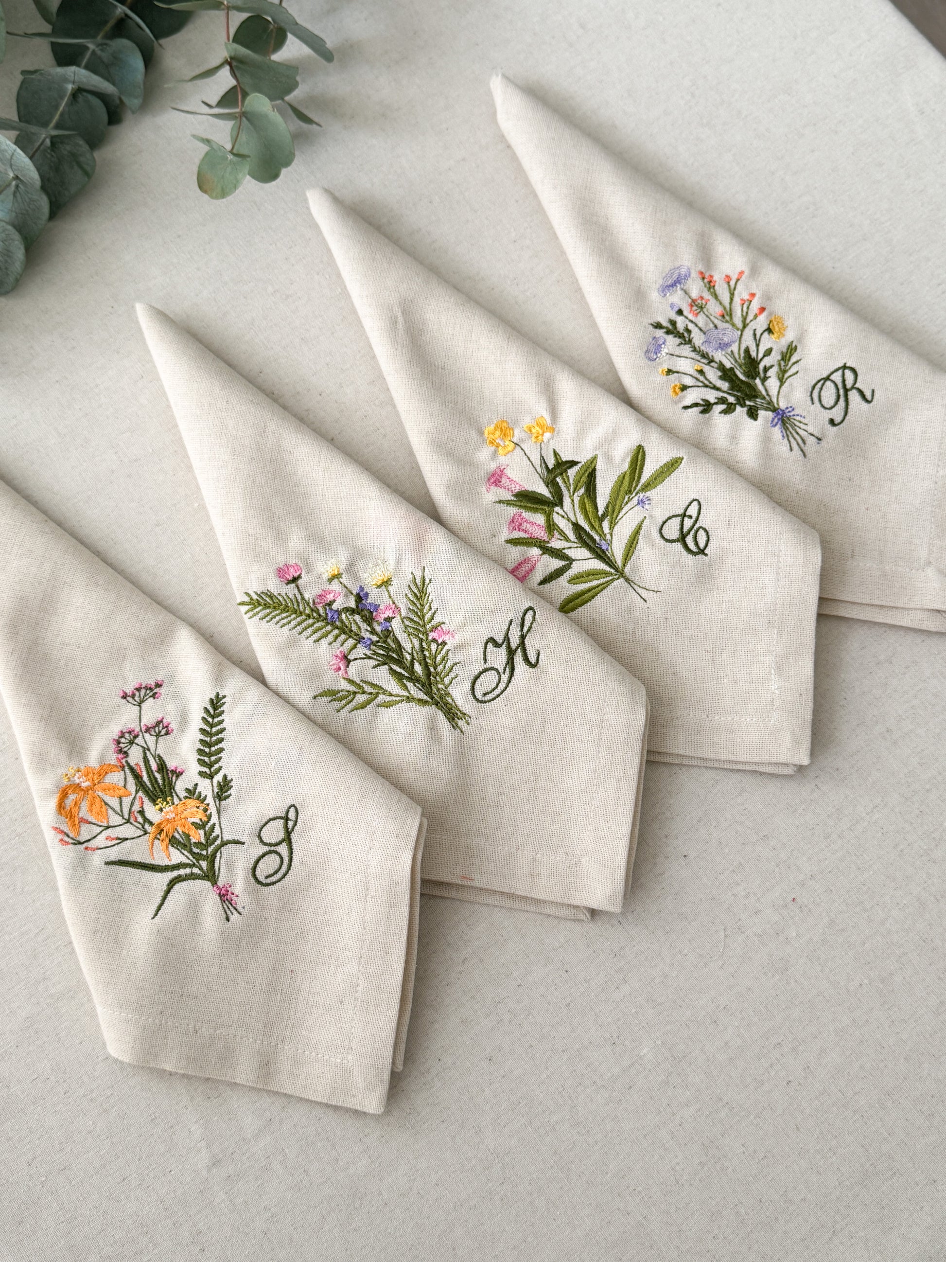 Flower Embroidered Napkin - Set of 4 - Customizable