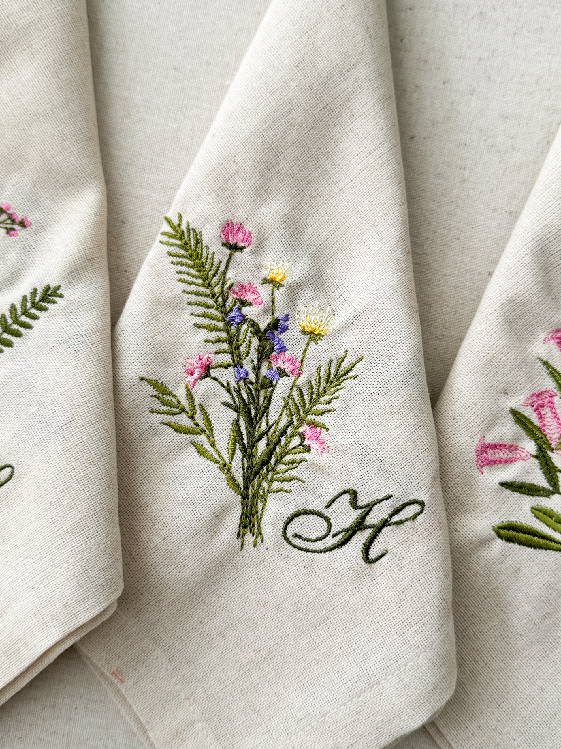 Flower Embroidered Napkin - Set of 4 - Customizable