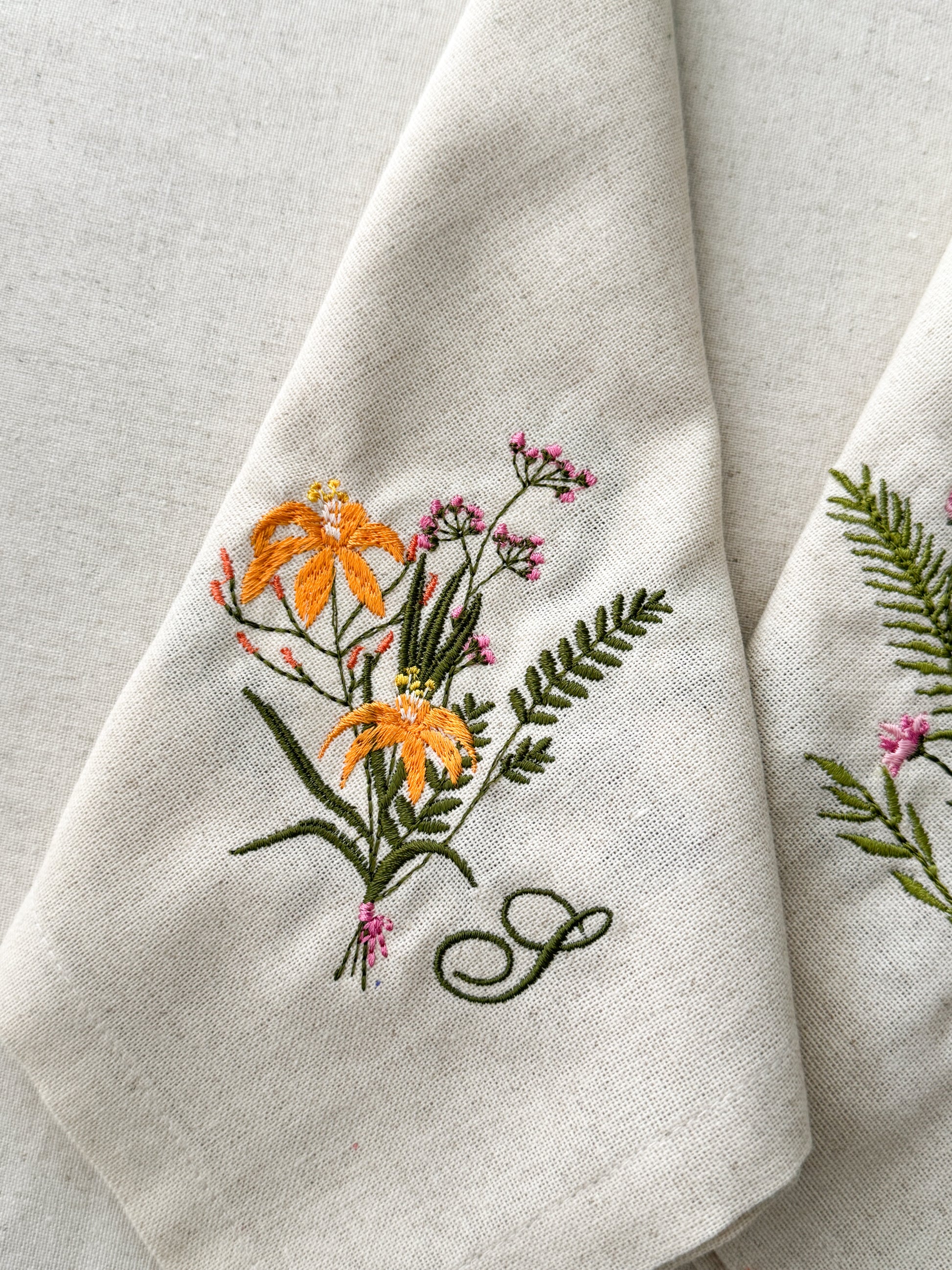 Flower Embroidered Napkin - Set of 4 - Customizable