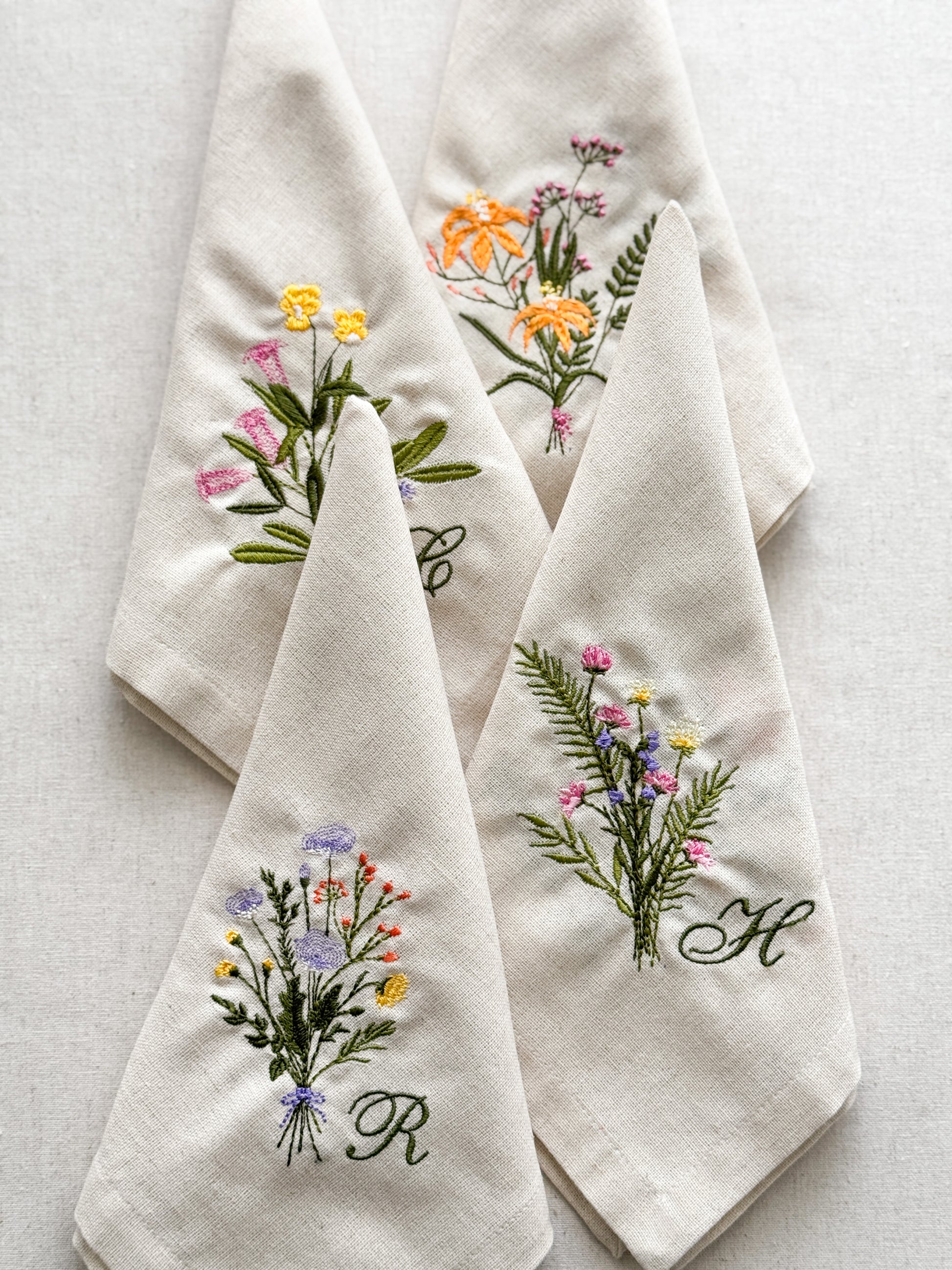 Flower Embroidered Napkin - Set of 4 - Customizable